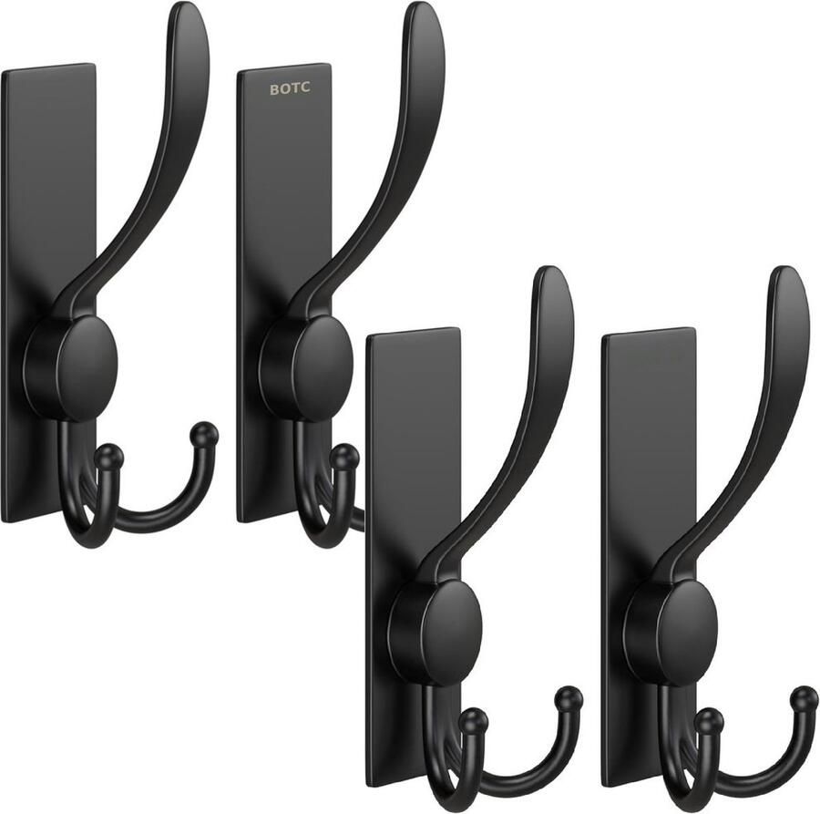 BOTC Kapstokhaak Handdoekrek Wandkapstok Set van 4 stuks 3M Tape RVS Zwart