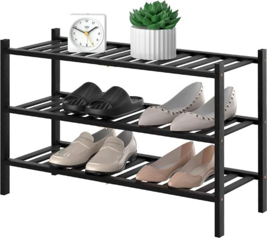 BOTC Schoenenrek 3 Lagen 70*28*50cm Bamboe In elkaar te stapelen Praktisch Schoenenrek Opbergrek Woonkamer slaapkamer & hal Zwart - Foto 2
