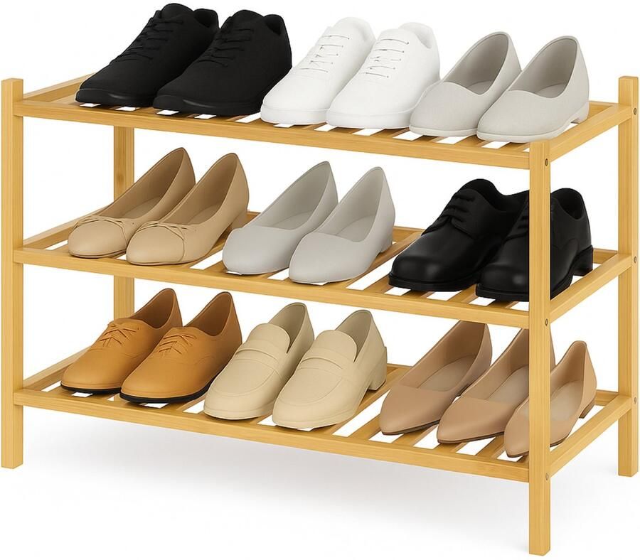 BOTC Schoenenrek 3 Lagen 70*28*50cm Bamboe In elkaar te stapelen Praktisch Schoenenrek Opbergrek Woonkamer slaapkamer & hal