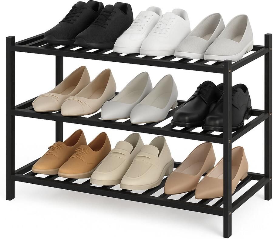 BOTC Schoenenrek 3 Lagen 70*28*50cm Bamboe In elkaar te stapelen Praktisch Schoenenrek Opbergrek Woonkamer slaapkamer & hal Zwart