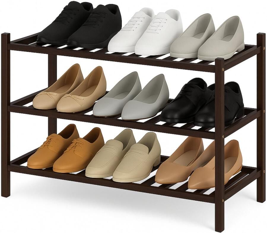 BOTC Schoenenrek 3 Lagen 70*28*50cm Bamboe In elkaar te stapelen Praktisch Schoenenrek Opbergrek Woonkamer slaapkamer & hal Donkerbruin