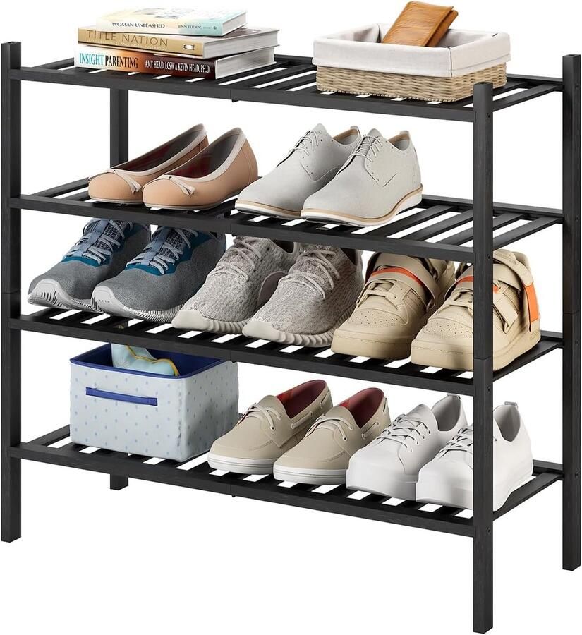 BOTC Schoenenrek 4 Lagen 64x68x28cm Bamboe In elkaar te stapelen Praktisch Schoenenrek Opbergrek Woonkamer slaapkamer & hal Zwart