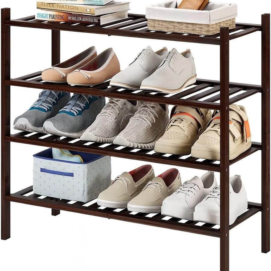 BOTC Schoenenrek 4 Lagen 64x68x28cm Bamboe In elkaar te stapelen Praktisch Schoenenrek Opbergrek Woonkamer slaapkamer & hal Donkerbruin