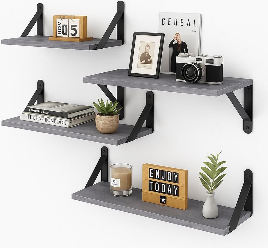 BOTC Zwevende Wandplank 4 Laags Boekenplanken Industrieel Hout Grijs