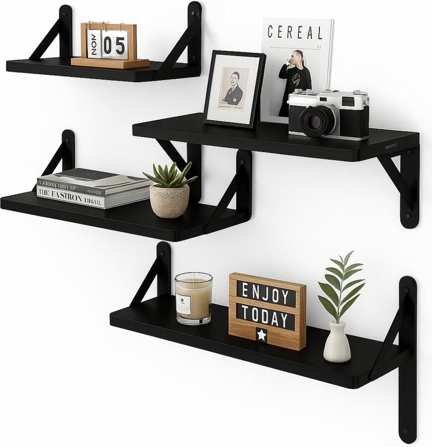 BOTC Zwevende Wandplank 4 Laags Boekenplanken Industrieel Hout Zwart