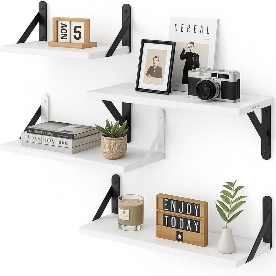 BOTC Zwevende Wandplank 4 Stuks Handdoekhouder Modern Hout Wit