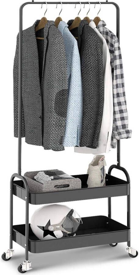 BOTC Mobiel Kledingrek Kleding rek met wieltjes Kledingrek met schoenenrek Opbergrek voor kleding Zwart