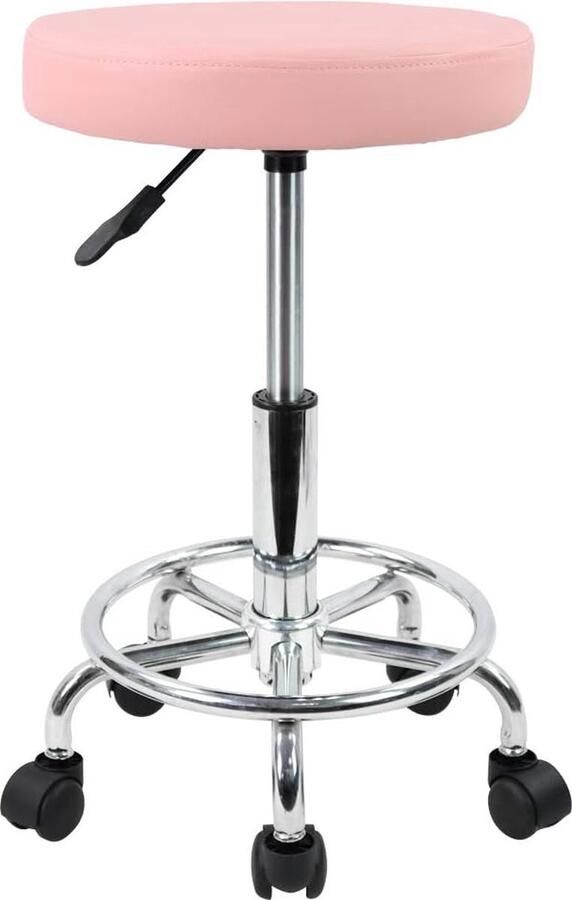 Branded by Earth PU lederen ronde rolkruk met voetsteun draaibare hoogteverstelling spa opstellen salon tatoeage werk kantoor massage krukken taakstoel (roze)