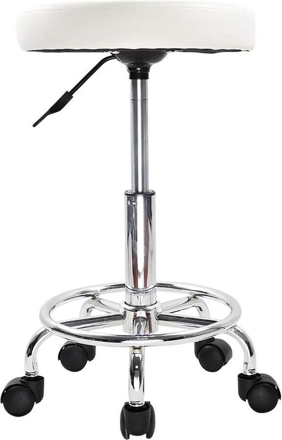 Branded by Earth PU lederen ronde rolkruk met voetsteun draaibare hoogteverstelling spa opstellen salon tatoeage werk kantoor massage krukken taakstoel (Wit)