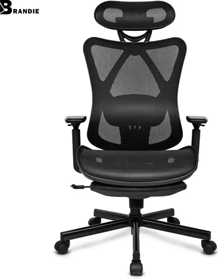 Brandie Bureaustoel Comfortabel en Ergonomisch Voor Gaming Kantoor Thuiswerk Zwart Lendensteun Voetsteun Ergonomisch Rugleuning hoogte 800mm Met In Hoogte Verstelbare Armleuningen Hoofdsteun Computer Laadvermogen -150kg