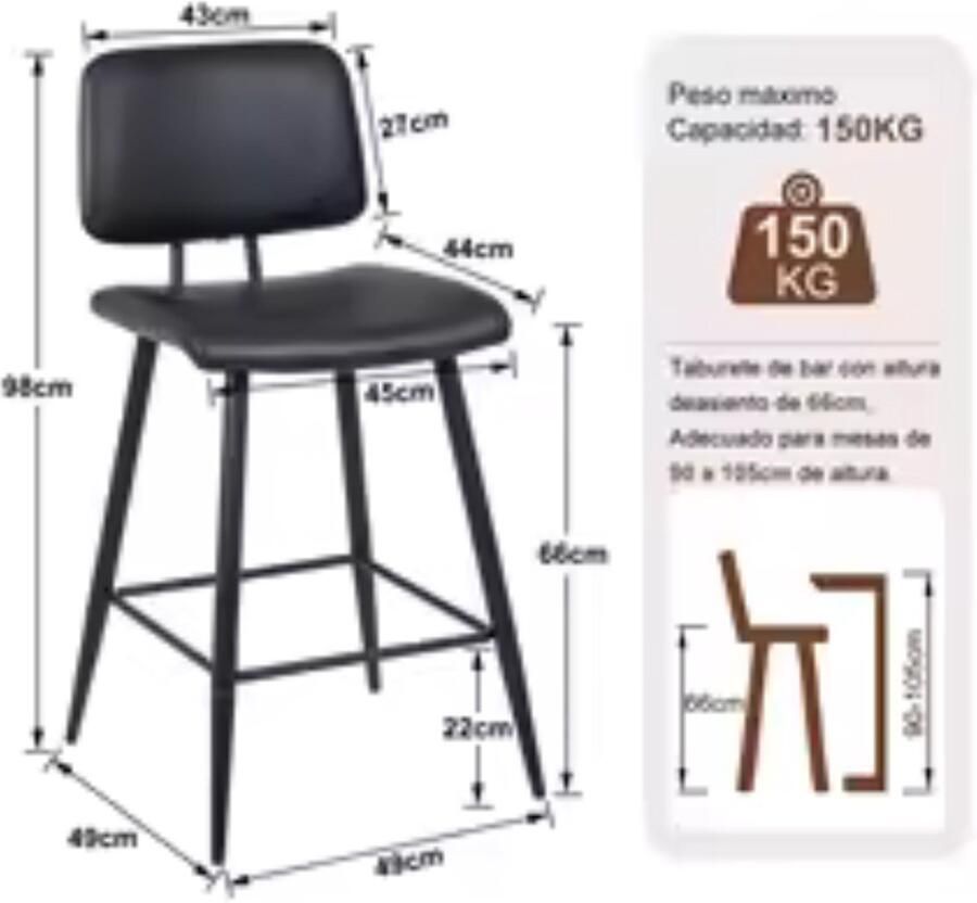 Brandless Barkrukken set Van 2 Barkruk met Rugleuning Barstoel Zwart - Foto 2