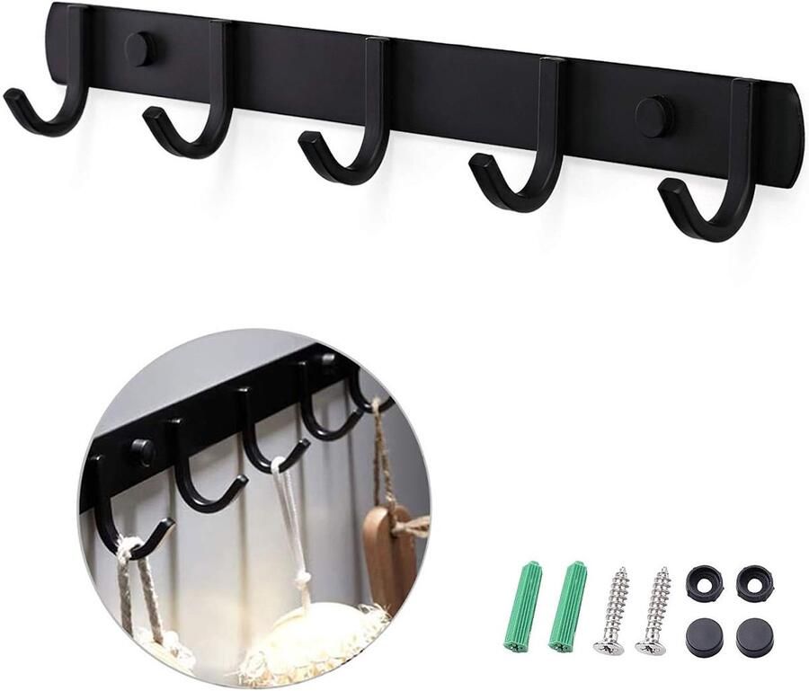 Brandless Gsedaox-Wandkapstok-Muur Kapstok Hangend-5 Haken-Industrieel- RVS-36 cm-Zwart