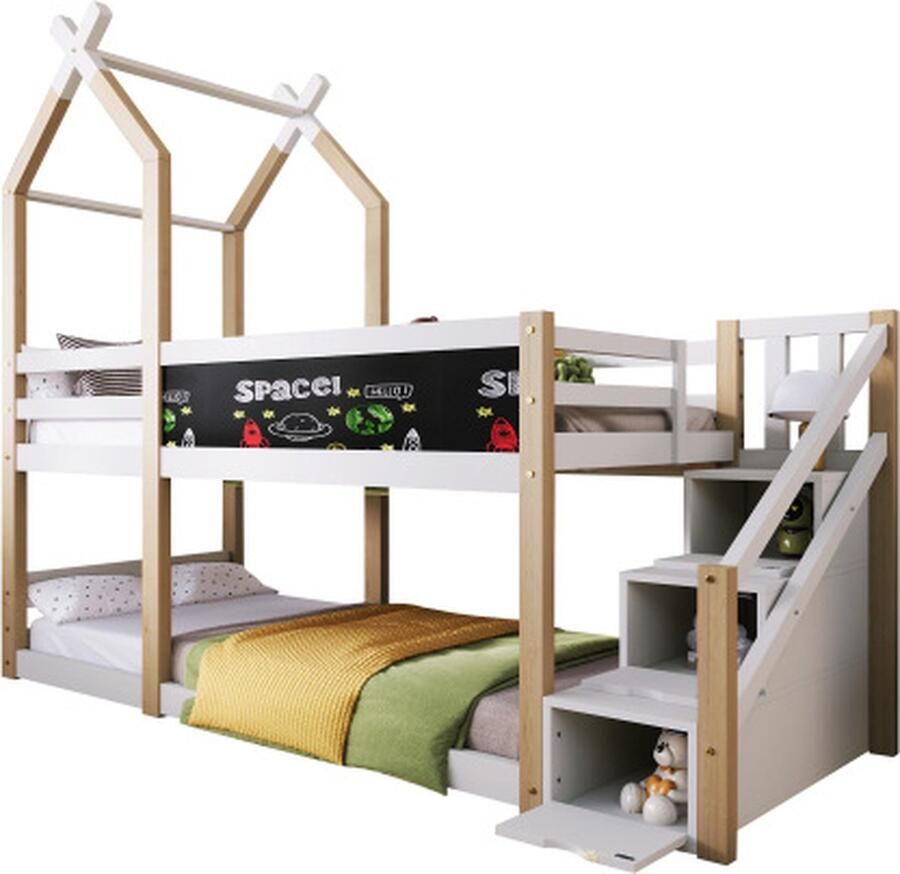 Brandless Kinderbed boomhut inclusief logeerbed met opbergruimte en valbeveiliging 90 x 200 cm hoogslaper voor kinderen 2x lattenbodem (zonder matras)