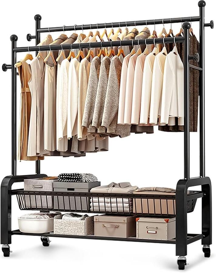 Kledingrek op wielen stabiel en praktisch zwart