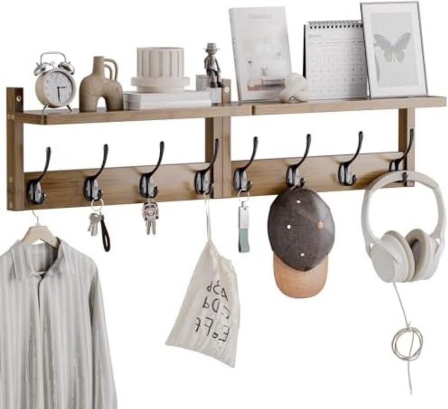 Brandless Wandkapstok met Hoedenplank Kapstok Hangend met Plank Wandhaak Walnoot