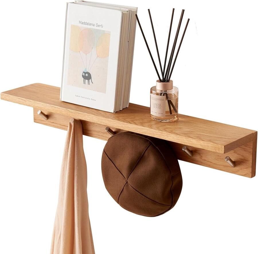 Wandkapstok met plank Houten kapstokrek Opbergen en decoreren 2-in-1 ontwerp 70 cm breed Eikenhout - Foto 2