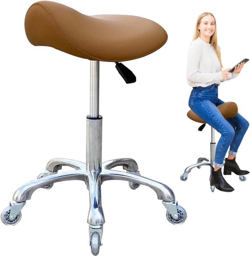 DailySupplies MRKK Zadelkruk op Wielen Kapperskruk Ergonomisch Tabouret Bruin