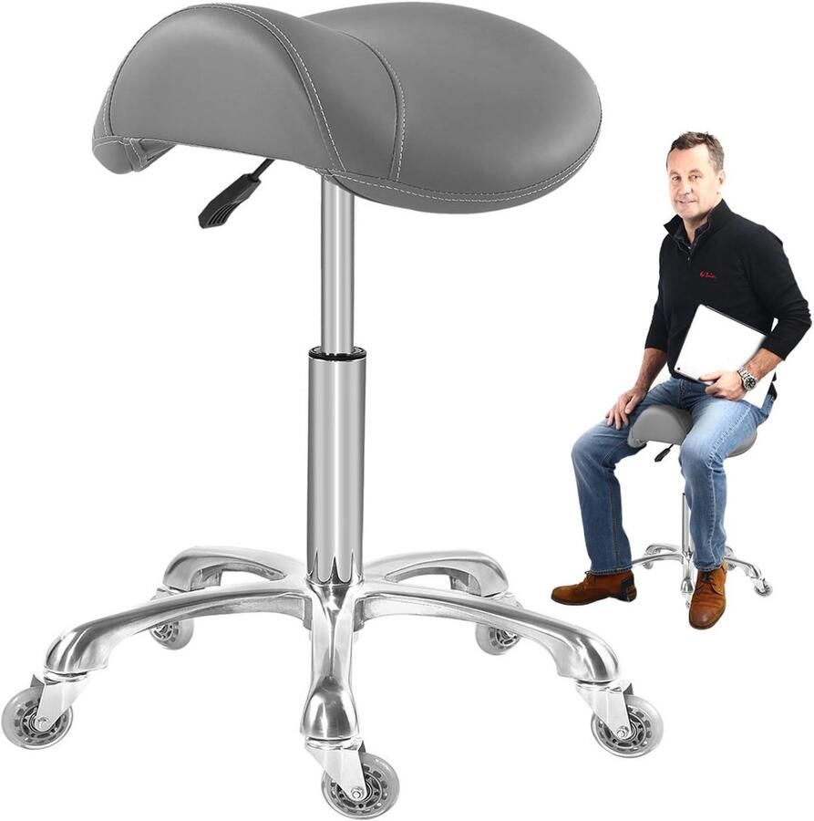 Brandloos JMZR Zadelkruk op Wielen Kapperskruk Ergonomisch Tabouret Grijs - Foto 2