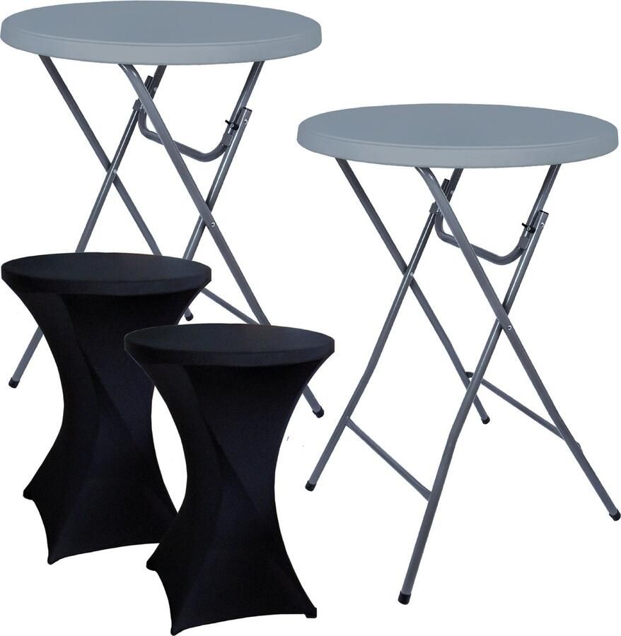 Brasq Statafel Grijs Inklapbaar Set van 2 ⌀ 80cm Inclusief 2x Zwarte Statafelrok Bartafel Vouwtafel