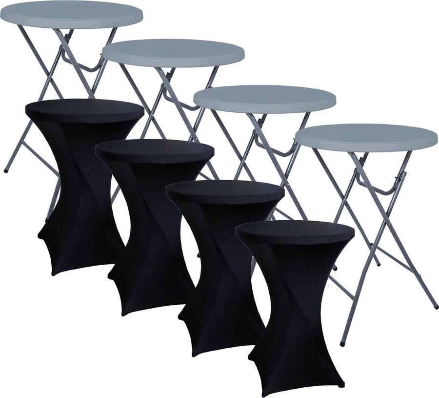 Brasq Statafel Grijs Set van 4 ⌀80cm Inclusief 4x Zwarte Statafelrok Bartafel Vouwtafel Inklapbaar van kunststof en metaal voor binnen en buiten