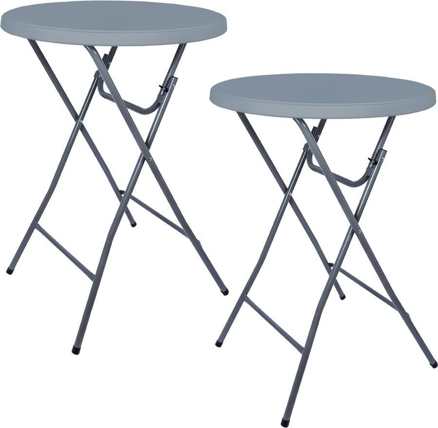 Brasq Statafel Set van 2 Grijs ø80 x 110 cm Bartafel Vouwtafel Inklapbaar van kunststof en metaal voor binnen en buiten