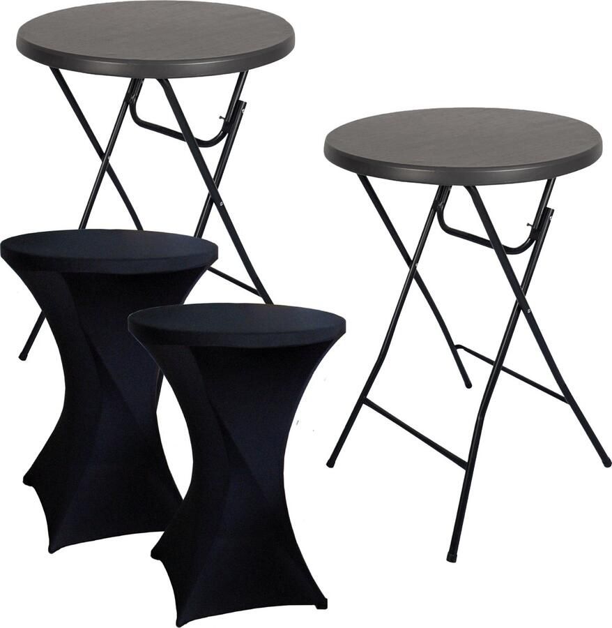 Brasq Statafel Set van 2 Zwart ø80 x 110 cm Inclusief 2x Zwarte Statafelrok Bartafel Vouwtafel Inklapbaar van kunststof en metaal voor binnen en buiten