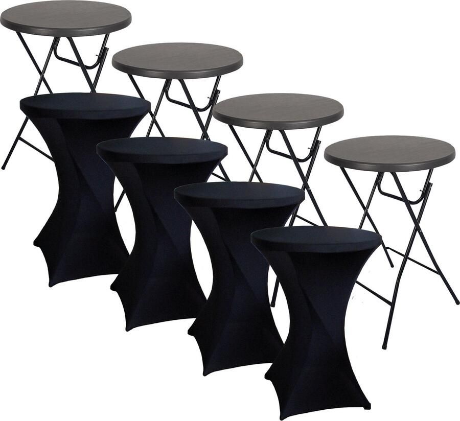 Brasq Statafel Set van 4 Zwart ø80 x 110 cm Inclusief 4x Zwarte Statafelrok Bartafel Vouwtafel Inklapbaar van kunststof en metaal voor binnen en buiten