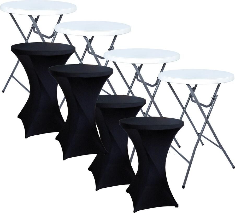 Brasq Statafel Wit Grijs Set van 4 ⌀80cm Inclusief 4x Zwarte Statafelrok Bartafel Vouwtafel Inklapbaar van kunststof en metaal voor binnen en buiten