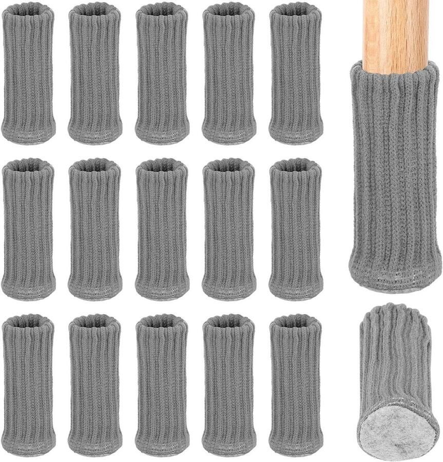 Brenzoos 16-delige set Stoelsokken Grijs Meubelpoten Beschermers Antislip Stoelpootdoppen met Viltdoppen Tafel en Vloerbescherming Gebreid Stoelonderdeel