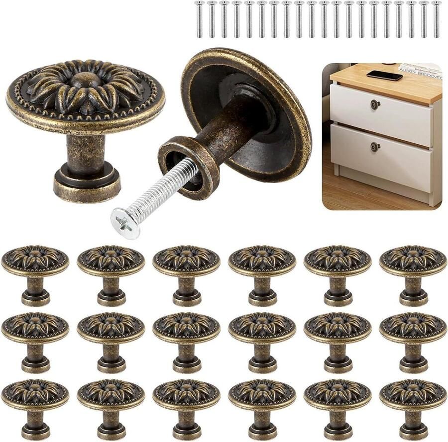 Allecto plus Set van 20 vintage meubelknoppen antieke bronskleur 30 mm Kastknoppen en kastgrepen rond voor kast kledingkast meubels Decoratieve hardware met vintage uitstraling