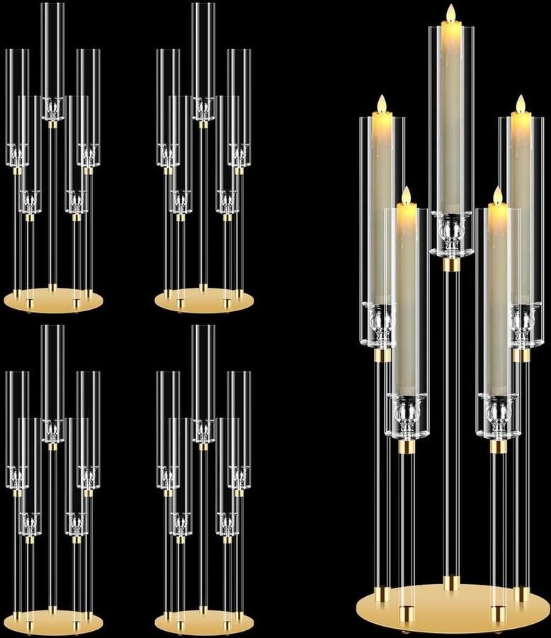 Brenzoos 4 Sets Acryl Kandelaar Centerpieces in 5 Armen voor Bruiloft en Kerstdecor Hoogte 27 '' Heldere Kaarsenhouder voor Tafels en Open Haard Passend voor 0.87'' LED Kaarsen