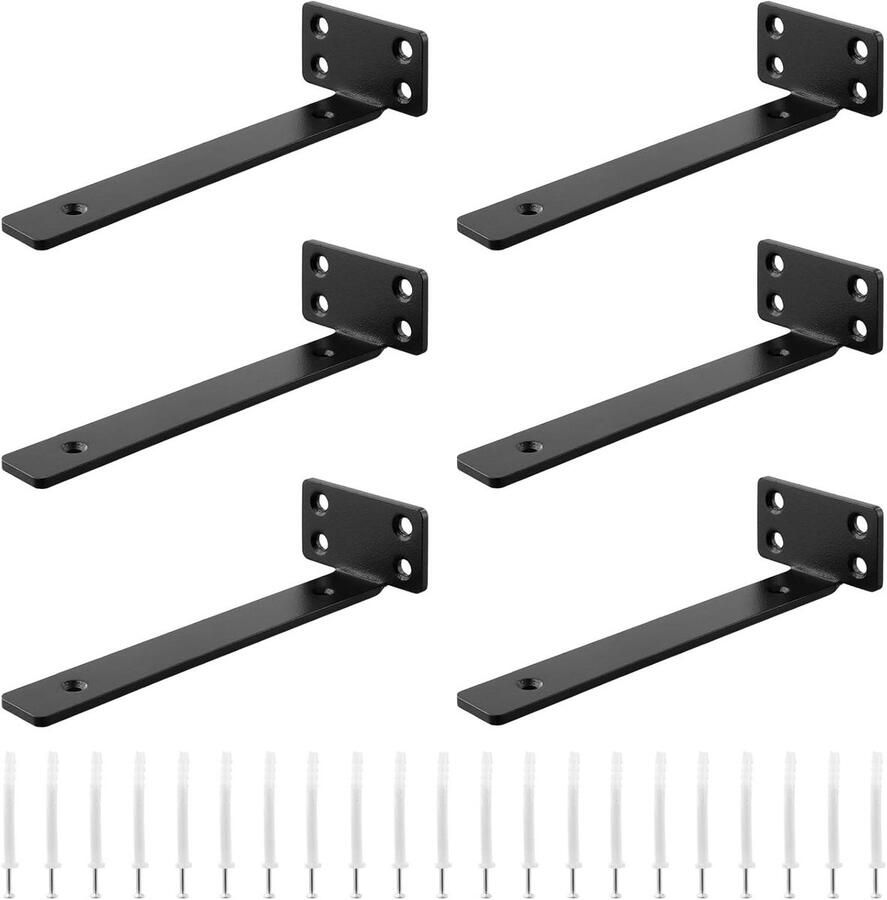 Allecto plus 6 stuks zwarte metalen plankbeugels 20 cm voor wandmontage L-vormige planksteunen voor boekenplank keuken badkamer inclusief schroeven