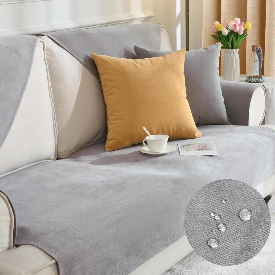 Allecto Plus Universele Waterdichte Bankhoes voor 1 2 3 4-zits L-vormige Bank Antislip Hoes voor Woonkamer Hond en Kat Lichtgrijs 90 x 180 cm