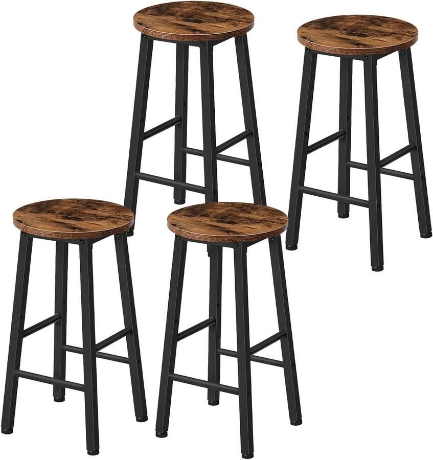 Allecto Plus Set van 4 hoge krukken met voetenbankjes en verstelbare poten ideaal voor keuken en badkamer Rustiek Bruin Zwart in 2 hoogtes EBF07BYP401G1