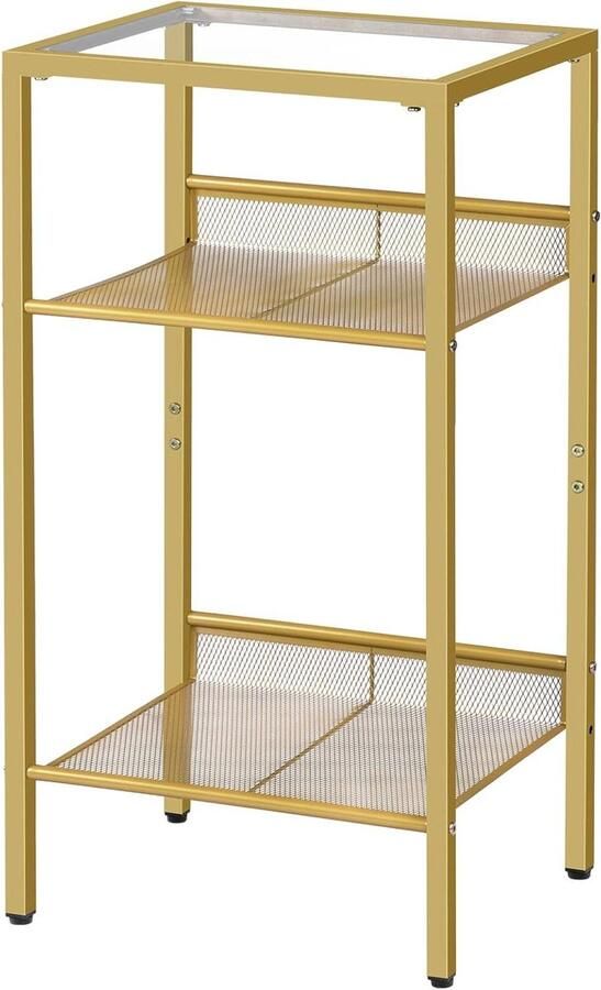 Brenzoos Bijzettafel goud met gehard glas en rooster 3-laags telefoontafel voor woon- en slaapkamer Tafel