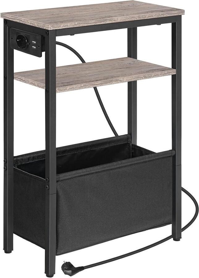 Brenzoos Bijzettafel met laadstation en opbergruimte voor kleine ruimtes in verweerd grijs en zwart