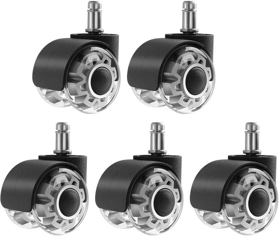 Allecto plus Bureaustoelwielen met dubbelwiel design Set van 5 stuks Vervanging voor bureaustoelen en gamingstoelen Geschikt voor laminaat parket en tegels Krasbestendig