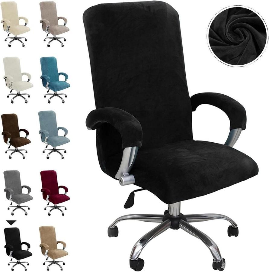 Brenzoos Bureauhoes van fluweel met armleuning en elastische stretch Beschermende hoes voor bureaustoel met afneembare stoelbekleding Geschikt voor computerstoel Zwart XL