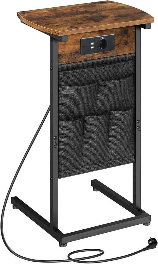 Brenzoos C-vormige bijzettafel met laadstation snacktafel met opbergvakken Vintage bruin en zwart Ideaal voor kleine ruimtes