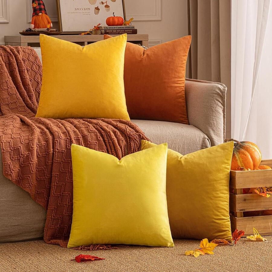 Allecto plus Fluwelen kussenovertrekken set van 4 decoratief vierkant Oranje 50 x 50 cm Voor bank en slaapkamer