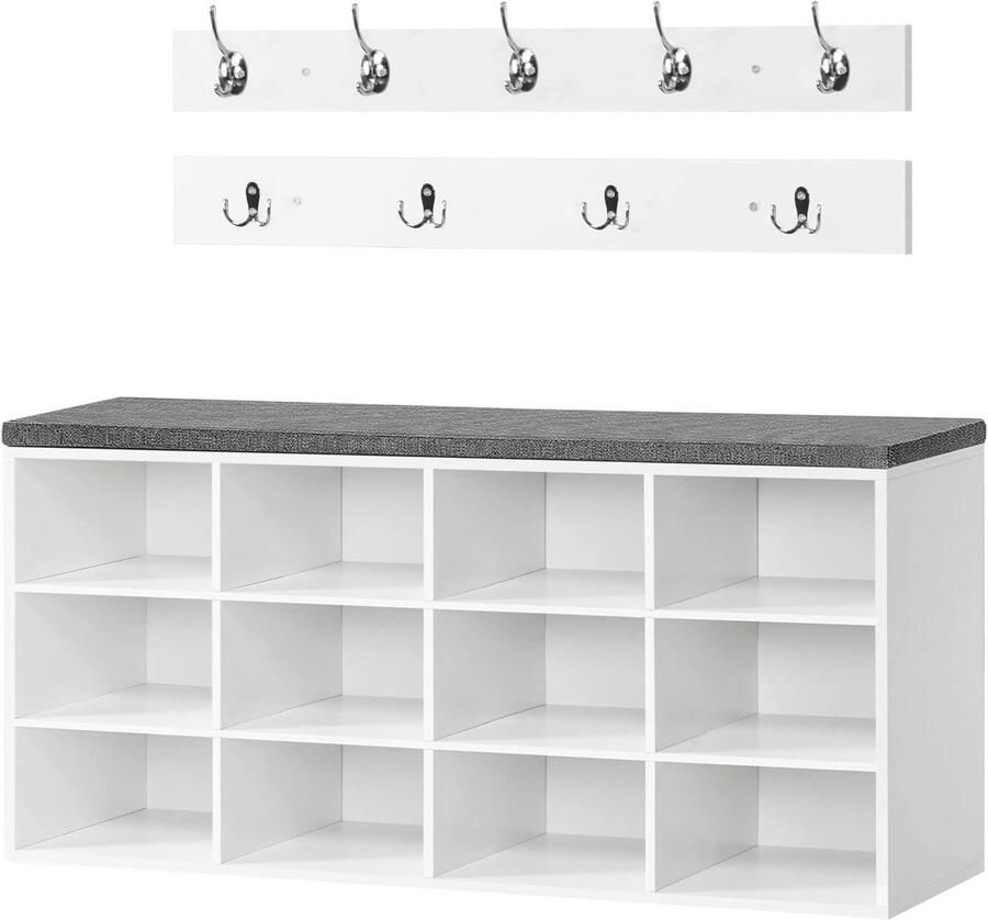 Garderobe schoenenrek met 12 vakken en gevoerde zitbank Wandgarderobe met 9 haken en schoenenkast voor hal Schoenenbank voor entree en slaapkamer in wit met 12 vakken