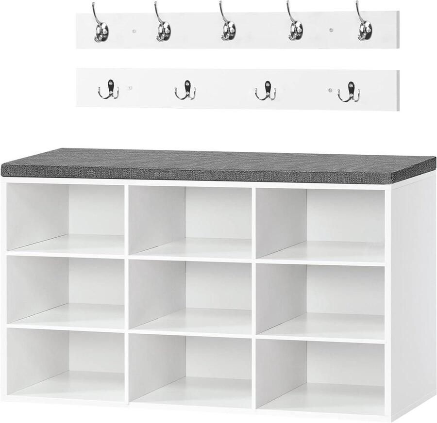 Brenzoos Garderobeset met schoenenrek en zitbank Wit 9 vakken 9 haken Schoenenopbergers