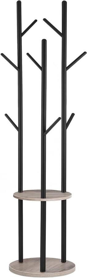 Brenzoos Garderobestandaard met boomvorm design vrijstaand kledingrek met 8 haken en 2 planken voor kleding hoed en tas woonkamer slaapkamer kantoor greige-zwart
