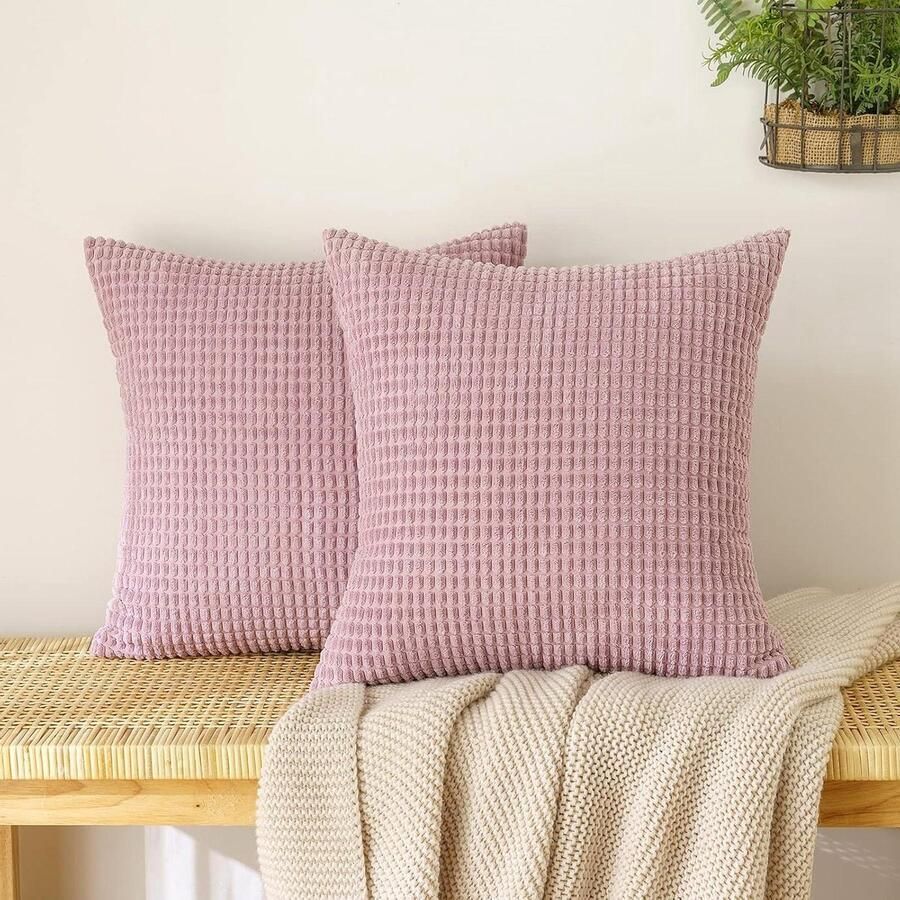 Brenzoos : Granulaat Ribfluwelen kussensloop decoratief bankkussen zachte kussensloop voor bank woonkamer set van 2 stuks 50 x 50 cm roze paars fluweelachtige afwerking