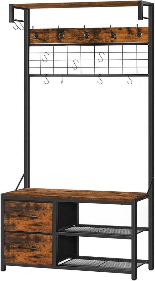 Allecto Plus Halbank met Kapstok en Schoenenopslag Rustiek Design Bruin en Zwart