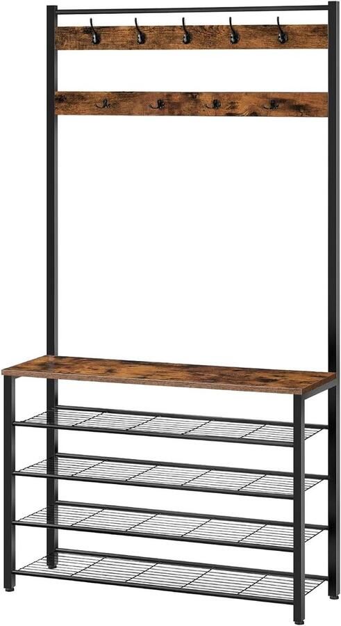 Allecto plus Halboom kapstok met bank en schoenenrek voor entree Industrieel rustiek Bruin en zwart