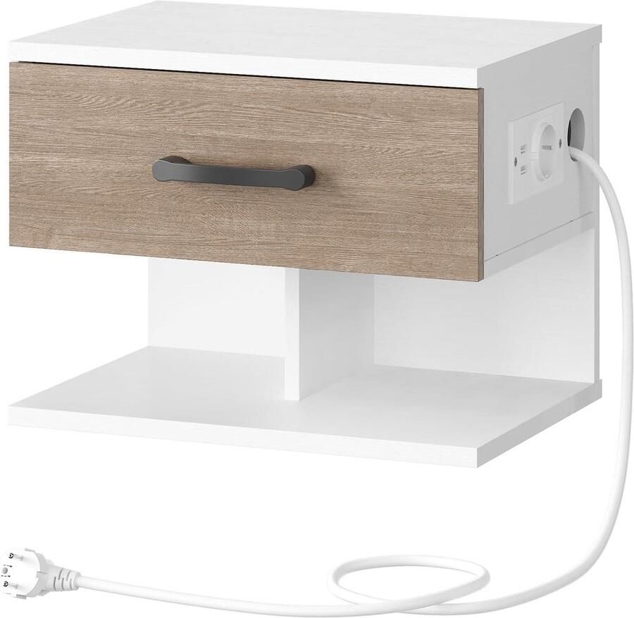 Brenzoos Hangend nachtkastje met laadstation en opslag in wit en greige voor slaapkamer Stijlvolle bijzettafel met open en verborgen compartimenten
