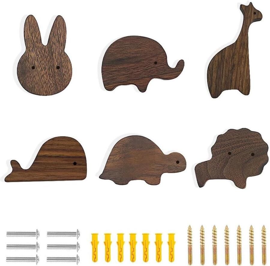 Brenzoos Houten ladegreep 6 stuks met diermotieven Kast decoratie Ladeknoppen van hout Meubelknoppen Inclusief schroeven 2-in-1 knop