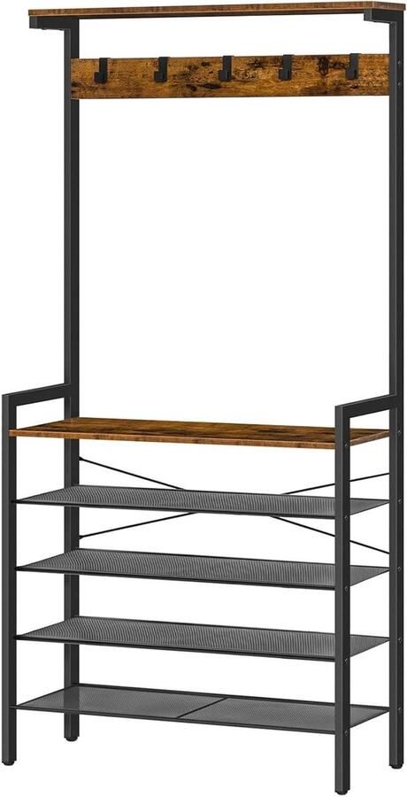 Brenzoos Kapstok met schoenopslag voor industriële hal Grote halstandaard met 5 verwijderbare haken Houten accent Opbergplank en metalen frame Donkerbruin-zwart Ideaal voor entree
