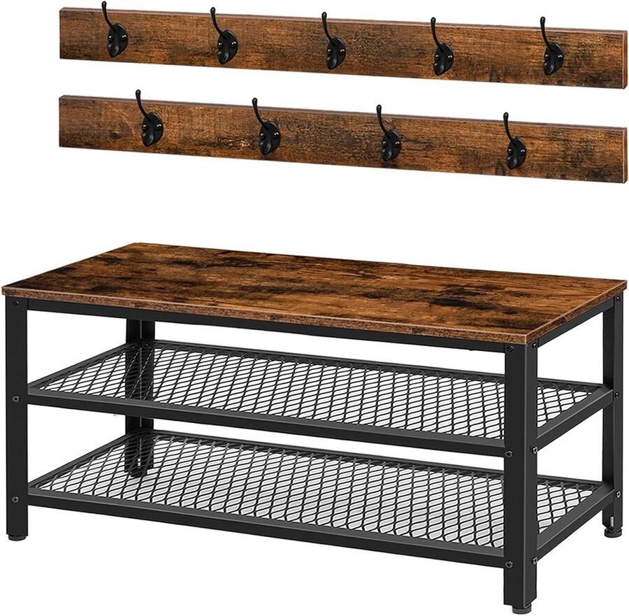 Allecto plus Kapstok Schoenbank Set 100cm Industrieel Ontwerp Vintage Bruin-Zwart met Zitting Metaal Frame 9 Haken Schoenenrek Opbergruimte